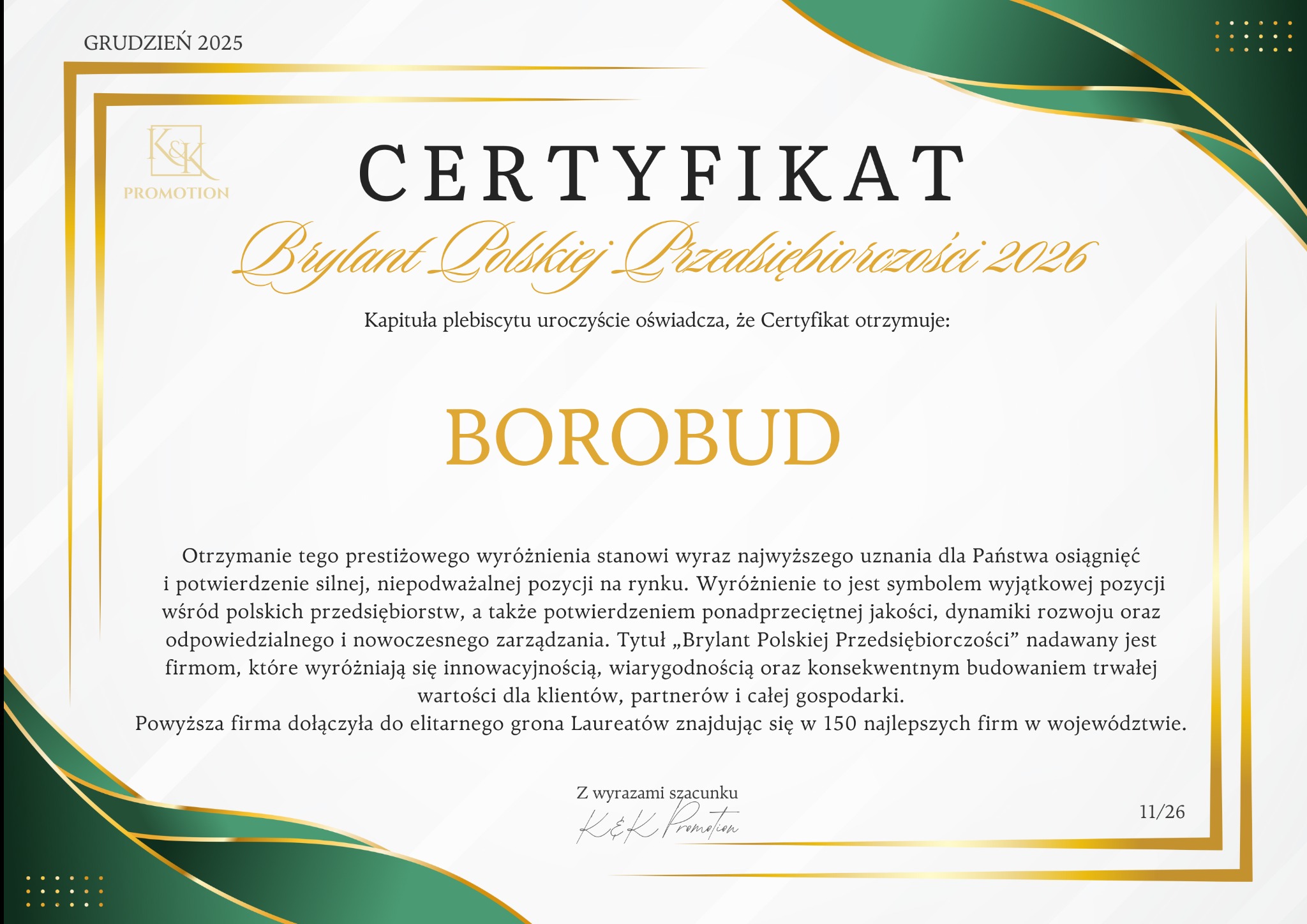 Certyfikat 'Brylant Polskiej Przedsiębiorczości 2026' dla firmy BOROBUD, potwierdzający jej silną pozycję i innowacyjność. Złoto-zielona grafika, elegancki font.