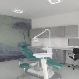 Wizualizacja 3D gabinetu stomatologicznego w Wartkowicach z zielonym fotelem dentystycznym na tle ściany z fototapetą przedstawiającą krajobraz.