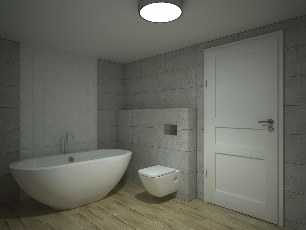 Wizualizacja łazienki z wolnostojącą wanną, podwieszaną toaletą i płytkami imitującymi kamień, oświetloną okrągłą lampą sufitową.