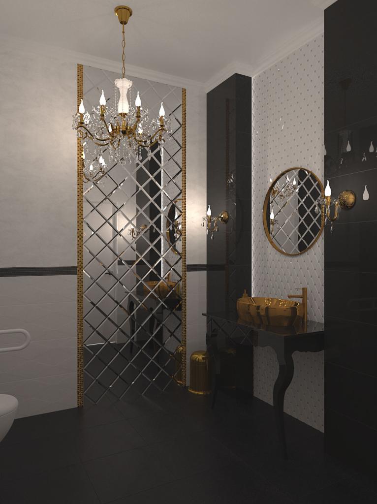 Elegancka łazienka w czerni i bieli z akcentami złota: lustrzana ściana z romboidalnymi panelami, kryształowy żyrandol, złota umywalka na czarnej konsoli, oraz okrągłe lustro z kinkietami.