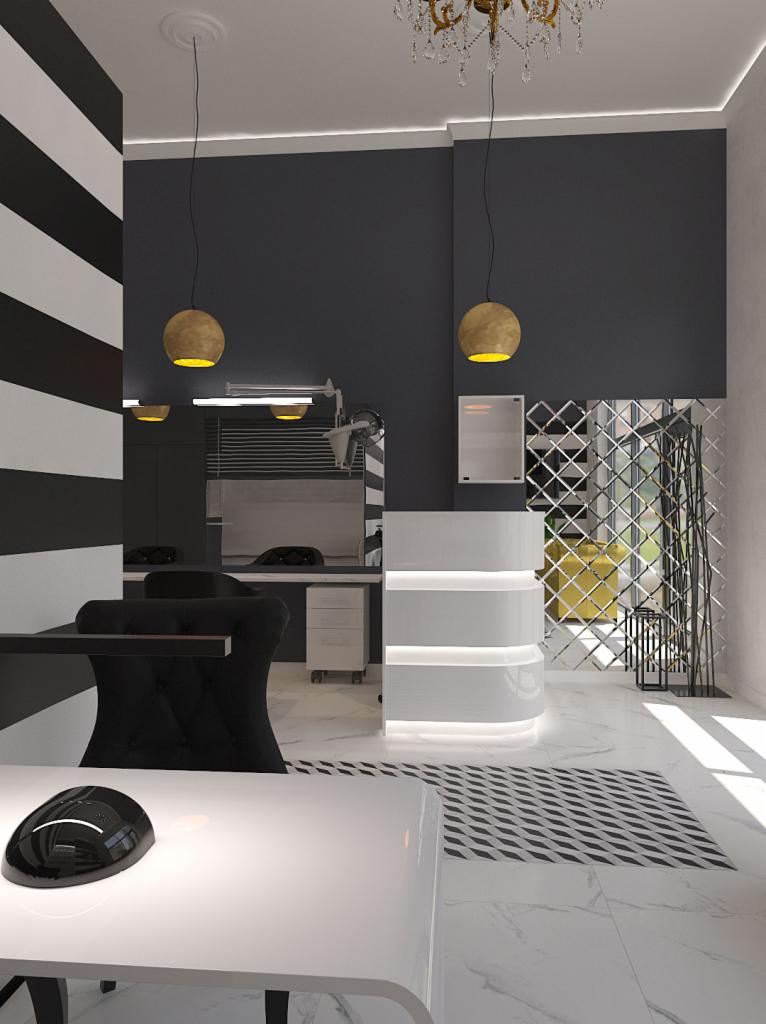 Wnętrze salonu kosmetycznego z białym biurkiem do manicure, czarnym krzesłem z weluru, lampą UV do paznokci i recepcją z podświetleniem LED. Ściana w czarno-białe pasy, lustrzana ściana...