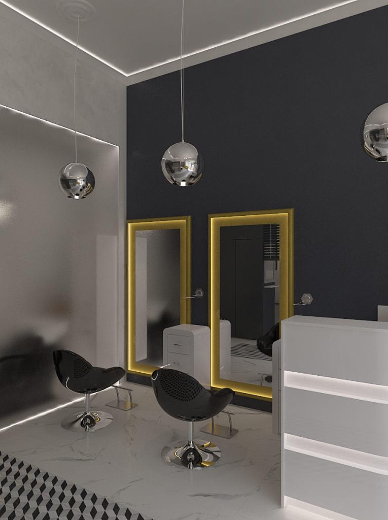 Wizualizacja wnętrza salonu fryzjerskiego z dwoma stanowiskami: czarne fotele na chromowanych podstawach, podświetlane lustra w złotych ramach, marmurowa podłoga z geometrycznym wzorem, wiszące...