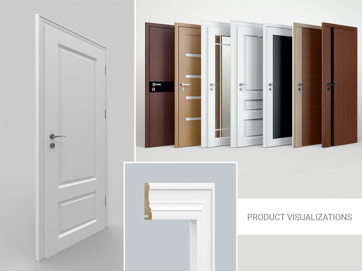 Wizualizacja produktu: kolekcja drzwi wewnętrznych o różnych wykończeniach i wzorach, w tym białe drzwi panelowe z detalami frezowanymi i zbliżenie na fragment ramy drzwiowej.