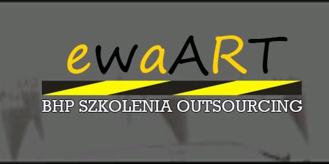 Logo firmy 'ewaART' z napisem BHP SZKOLENIA OUTSOURCING na szarym tle, oddzielone żółto-czarnym pasem.