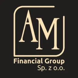 Logo AM Financial Group Sp. z o.o. w beżowej kolorystyce na czarnym tle, z inicjałami 'AM' w kwadracie o zaokrąglonych rogach.