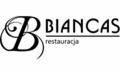 Czarno-białe logo restauracji 'Biancas' z ozdobną literą 'B' i napisem 'restauracja' mniejszą czcionką pod nazwą.
