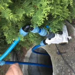 Betonowa studnia z niebieskimi rurami i pompą, częściowo zasłonięta przez krzew