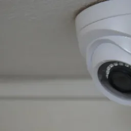 Kamera kopułkowa marki GISE zamontowana na suficie, widoczna z bliska, z wyraźnie widocznymi diodami IR.