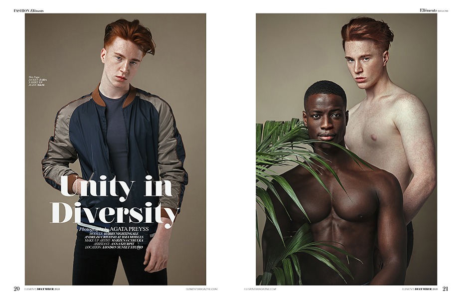 Dwustronicowa reklama w magazynie modowym z dwoma modelami o różnej karnacji skóry na beżowym tle, wykonana w studio w Poznaniu. Po lewej stronie model rudowłosy w kurtce bomberce, po prawej model...