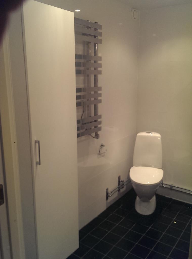 Wnętrze łazienki z białą szafką, grzejnikiem drabinkowym ze stali nierdzewnej i toaletą na tle ciemnej podłogi z płytek.