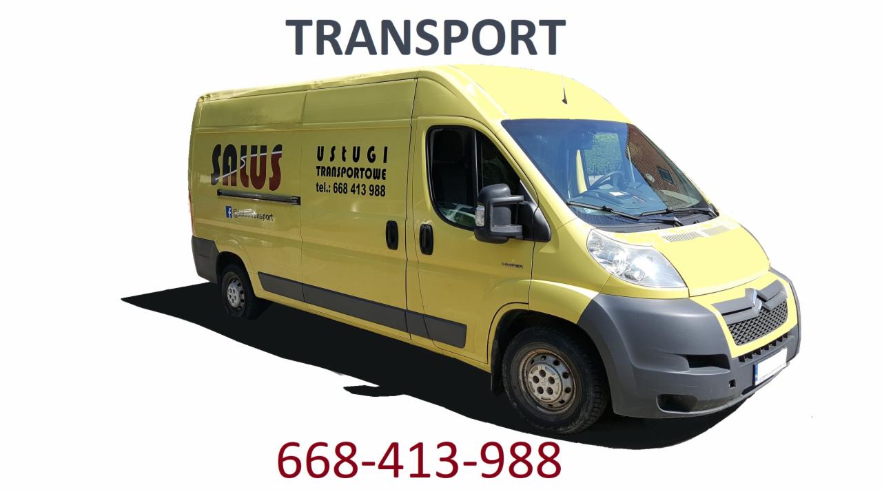 Żółty bus transportowy z napisem 'TRANSPORT' i danymi kontaktowymi firmy 'Salus Usługi Transportowe' na białym tle.