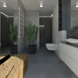 Minimalistyczna łazienka z szarą mozaiką, wiszącą miską WC, umywalką nablatową w kształcie łzy, drewnianym stolikiem i roślinami w donicach. Oświetlenie punktowe sufitowe.