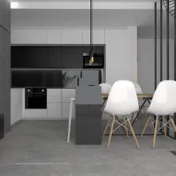 Wizualizacja minimalistycznej kuchni z czarno-białymi szafkami, drewnianym stołem otoczonym białymi krzesłami Eames, oświetleniem punktowym i betonową podłogą.