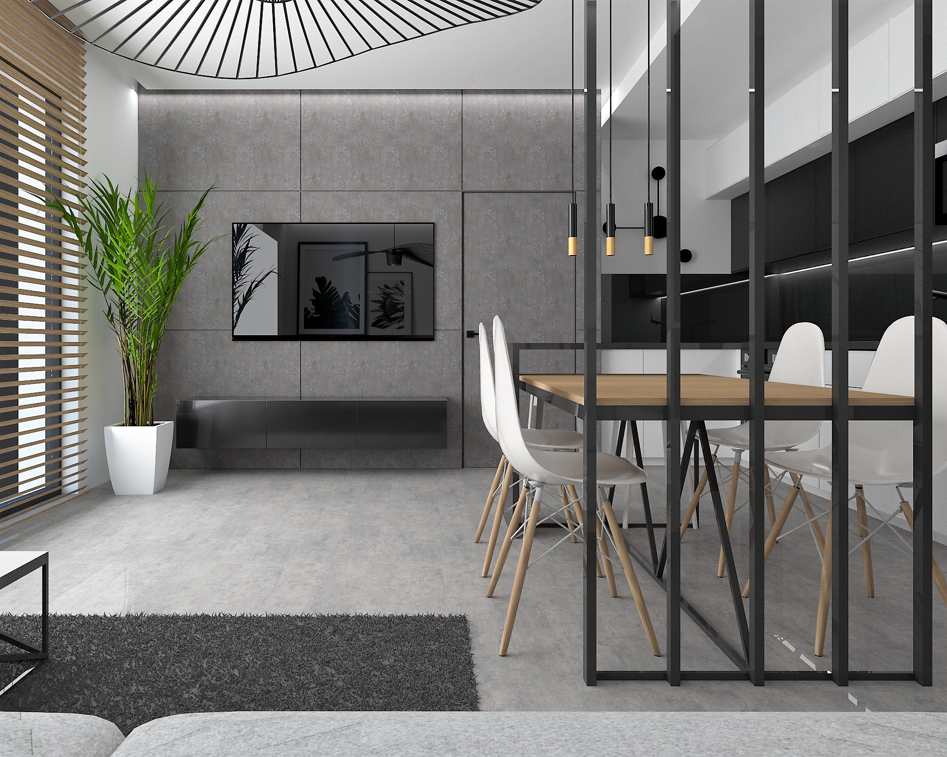 Nowoczesne wnętrze mieszkania z drewnianym stołem, białymi krzesłami, szarą ścianą i rośliną w białej donicy, oświetlone wiszącymi lampami.