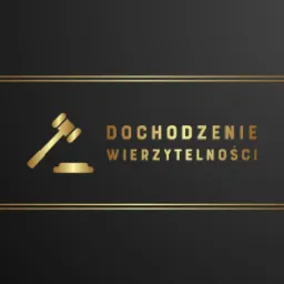 Grafika na czarnym tle z złotym obramowaniem, przedstawiająca złoty młotek sędziowski i napis 'DOCHODZENIE WIERZYTELNOŚCI'.