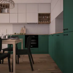 Wizualizacja kuchni z zielonymi szafkami, drewnianym blatem i białymi szafkami wiszącymi, stół z nakryciem na dwie osoby, nowoczesna lampa wisząca.
