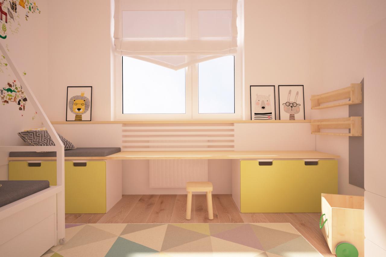 Pokój dziecięcy z miejscem do spania pod antresolą, biurkiem pod oknem z żółtymi szafkami, drewnianymi półkami i krzesełkiem, ozdobiony obrazkami ze zwierzętami i naklejkami na ścianie.