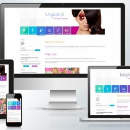 Red Tree Krzysztof Stasiak - Responsywna strona internetowa babyhair.pl prezentowana na monitorze, laptopie, tablecie i smartfonie, ukazująca projekt strony w różnych rozdzielczościach.