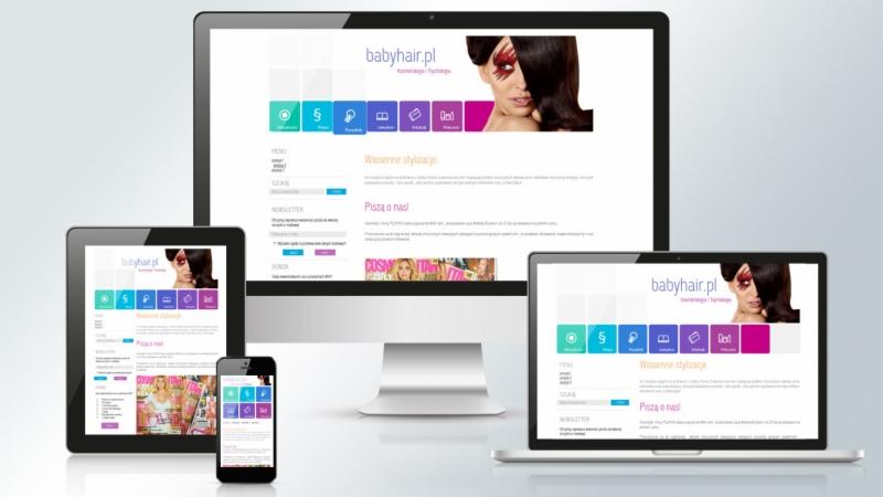 Responsywna strona internetowa babyhair.pl prezentowana na monitorze, laptopie, tablecie i smartfonie, ukazująca projekt strony w różnych rozdzielczościach.