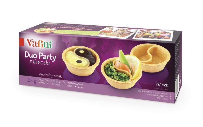 Pudełko waflowych foremek do nadziewania Vafini Duo Party. Na opakowaniu widoczne przykładowe wypełnienia: krem o smaku Yin i Yang, sałatka z łososiem i cytryną.