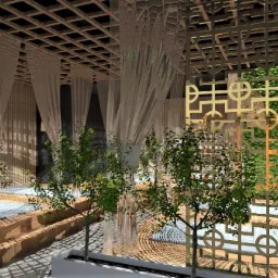 Wizualizacja biura z elementami botanicznymi: ażurowy sufit, zwiewne zasłony, rośliny w donicach i zielona ściana za dekoracyjnym panelem.