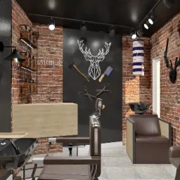 Wizualizacja wnętrza salonu fryzjerskiego w Starogardzie Gdańskim, z ceglanymi ścianami, czarnymi elementami dekoracyjnymi w postaci głowy jelenia i narzędzi fryzjerskich, oraz charakterystycznym...