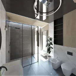 Wizualizacja nowoczesnej łazienki z kabiną prysznicową typu walk-in, umywalką wpuszczaną w blat, toaletą i bidetem. Na ścianach marmurowe płytki, a oświetlenie stanowią designerskie lampy wiszące...