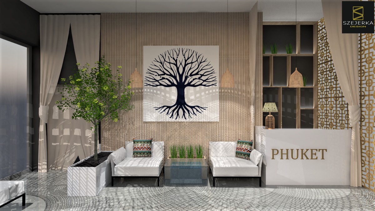 Wizualizacja wnętrza biura z recepcją o nazwie Phuket, z elementami dekoracyjnymi w stylu tajskim, w tym obraz drzewa na ścianie i ażurowe zasłony.