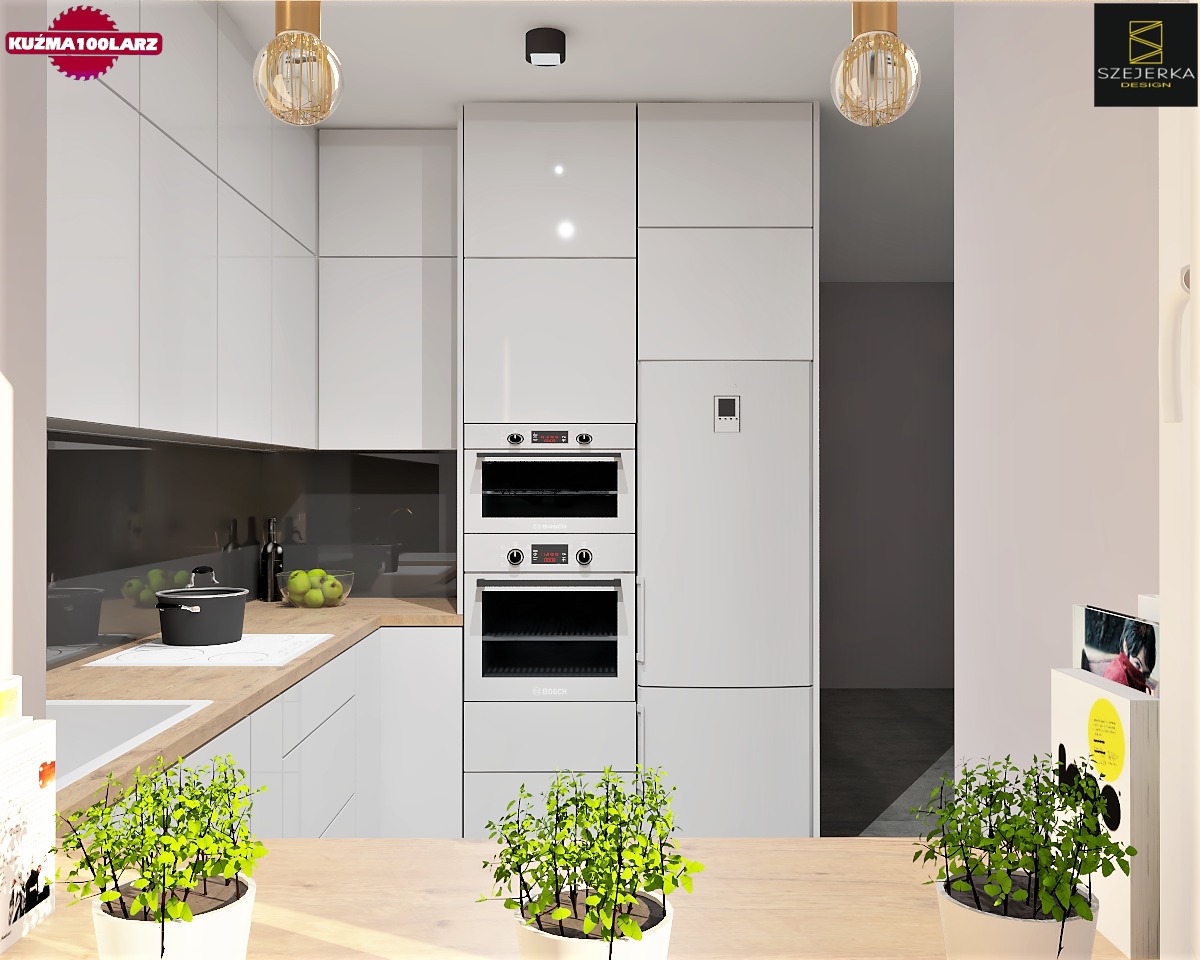 Biała kuchnia z połyskiem, dwie doniczki z ziołami na pierwszym planie, piekarnik Bosch w zabudowie, minimalistyczne oświetlenie.