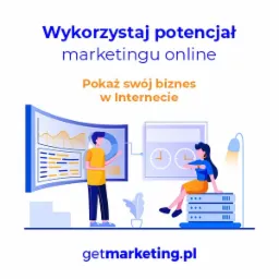 Ilustracja wektorowa przedstawiająca mężczyznę prezentującego wykresy i kobietę siedzącą na serwerach, z hasłem 'Wykorzystaj potencjał marketingu online' i adresem strony getmarketing.pl.