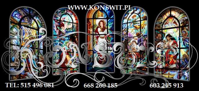 Witraże w kościele, przedstawiające sceny religijne, z nałożonym logo firmy i danymi kontaktowymi.