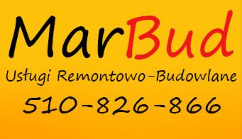 Żółte tło z czarno-czerwonym napisem 'MarBud Usługi Remontowo-Budowlane' oraz numerem telefonu zapisanym czarną, ozdobną czcionką.