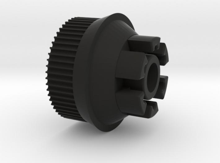 Czarny, trójwymiarowy model sprzęgła z ząbkowaną krawędzią i sześcioma wypustkami, wygenerowany komputerowo.