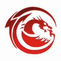 Stylizowane logo czerwonego smoka zwiniętego w okrąg na białym tle, z gradientem od ciemnoczerwonego do jasnoczerwonego.
