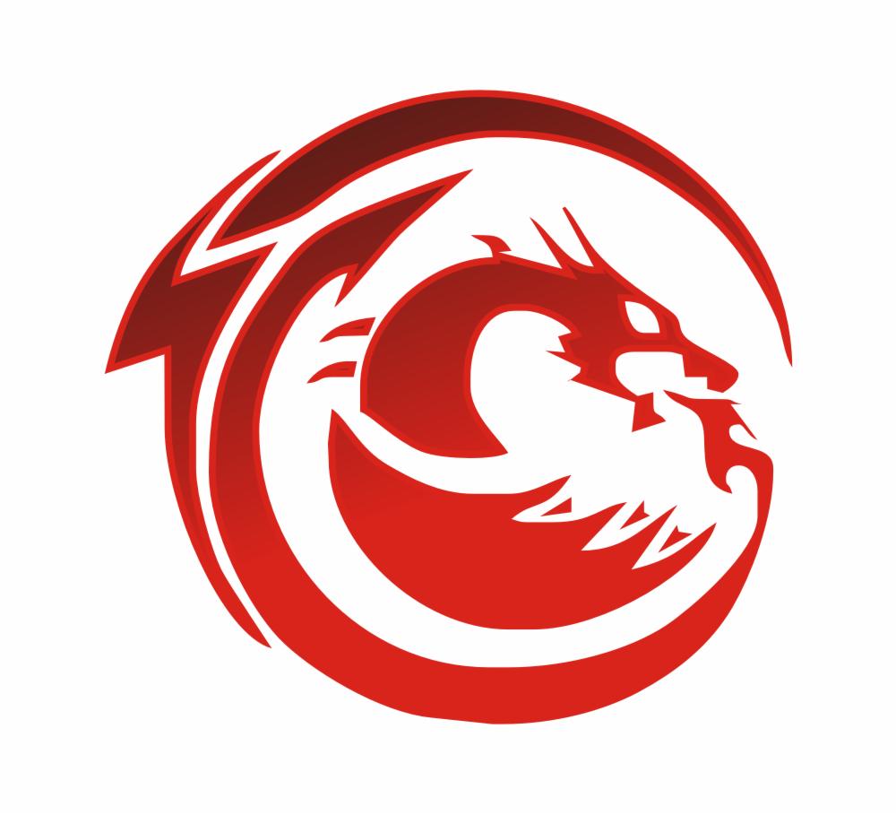 Stylizowane logo czerwonego smoka zwiniętego w okrąg na białym tle, z gradientem od ciemnoczerwonego do jasnoczerwonego.