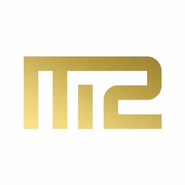 Złote logo firmy na białym tle, abstrakcyjna kompozycja z geometrycznych kształtów.