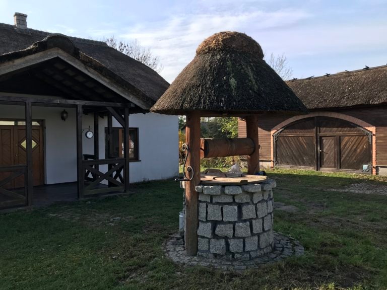 Studnia z kamienną obudową i strzechą na tle drewnianego garażu i domu ze strzechą, w słoneczny dzień.