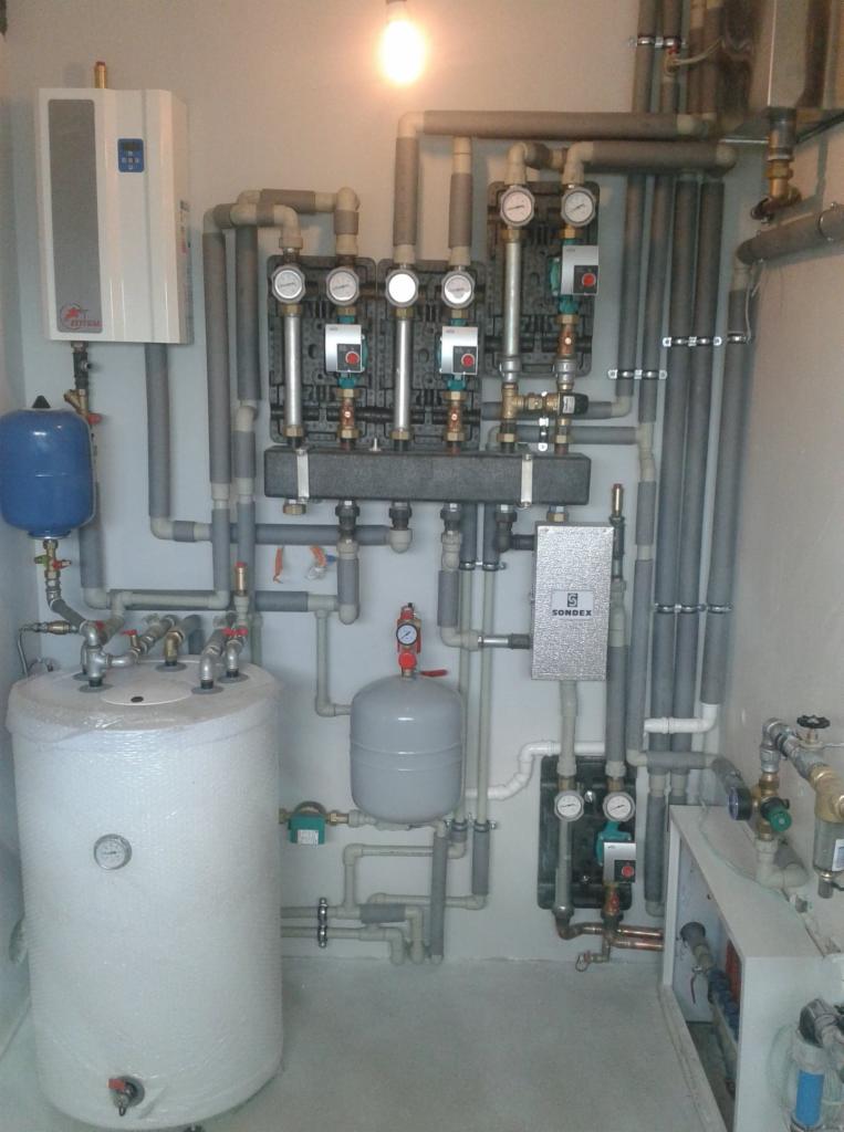 Węzeł cieplny w kotłowni z białym zbiornikiem owiniętym folią, szarymi rurami i rozdzielaczami z manometrami na ścianie.