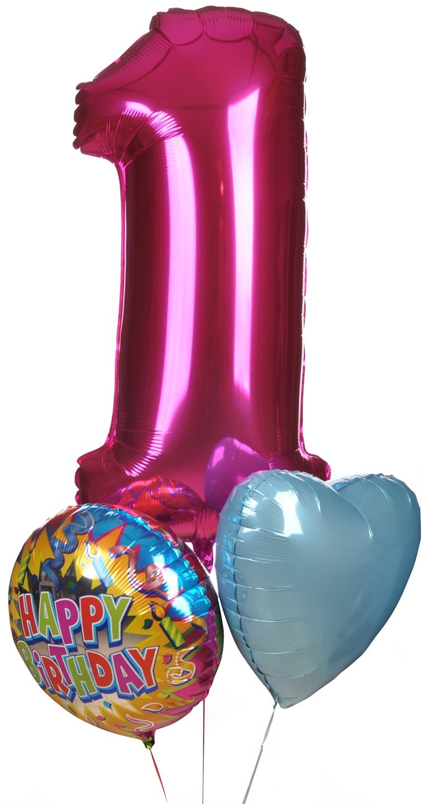 Zestaw balonów foliowych: duża, różowa cyfra jeden, okrągły balon z napisem 'Happy Birthday' i niebieski balon w kształcie serca.