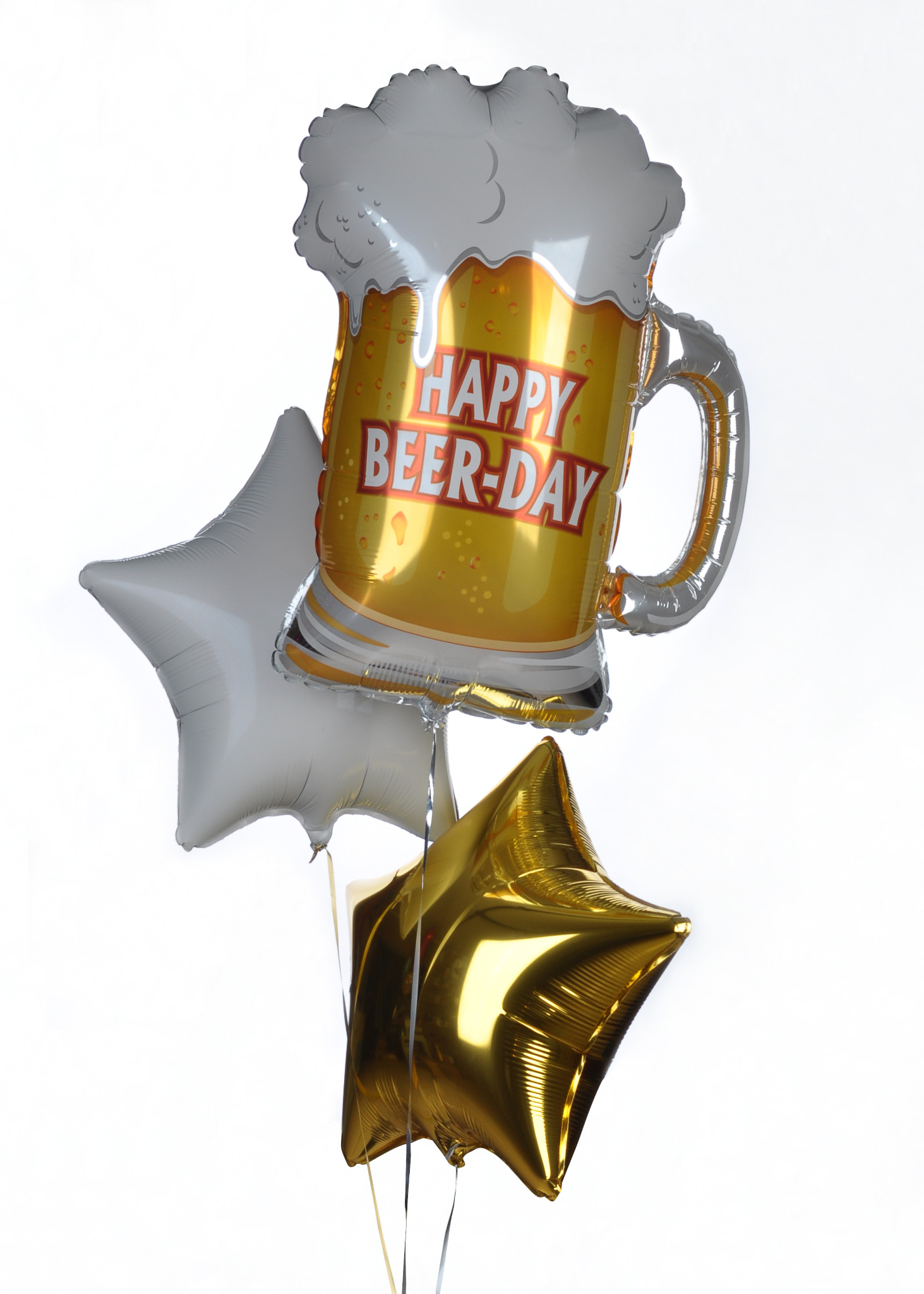 Zestaw balonów foliowych: kufel piwa z napisem 'Happy Beer-Day', srebrna i złota gwiazda, na białym tle.