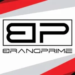 Logo firmy z inicjałami 'BP' w nowoczesnej, geometrycznej czcionce, umieszczone w czarnej ramce, poniżej nazwa 'BRANGPRIME' w futurystycznym kroju pisma, całość na białym tle z czerwono-szarymi...