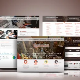 Kompozycja kilku zrzutów ekranu prezentujących wygląd i funkcjonalności serwisu internetowego z branży badań rynku, z widocznymi nagłówkami, banerami reklamowymi, kategoriami katalogu...