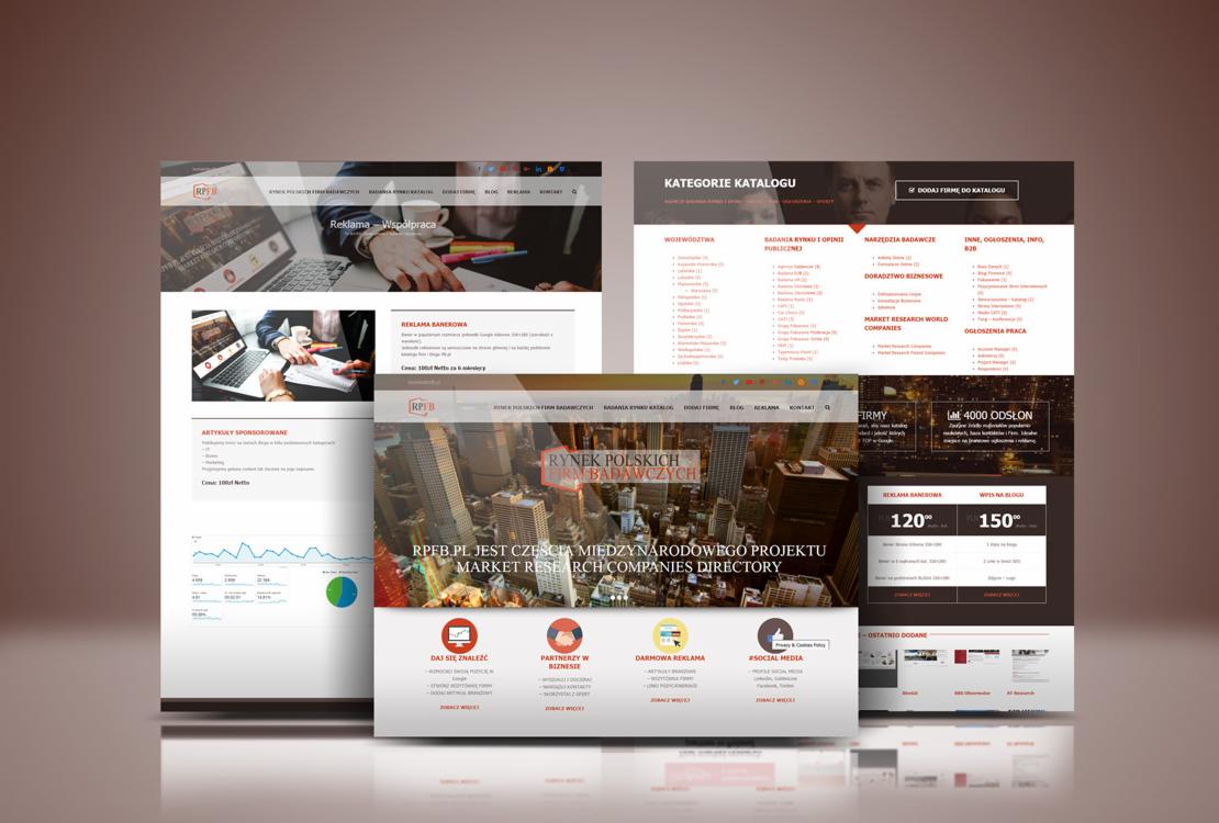 Kompozycja kilku zrzutów ekranu prezentujących wygląd i funkcjonalności serwisu internetowego z branży badań rynku, z widocznymi nagłówkami, banerami reklamowymi, kategoriami katalogu...