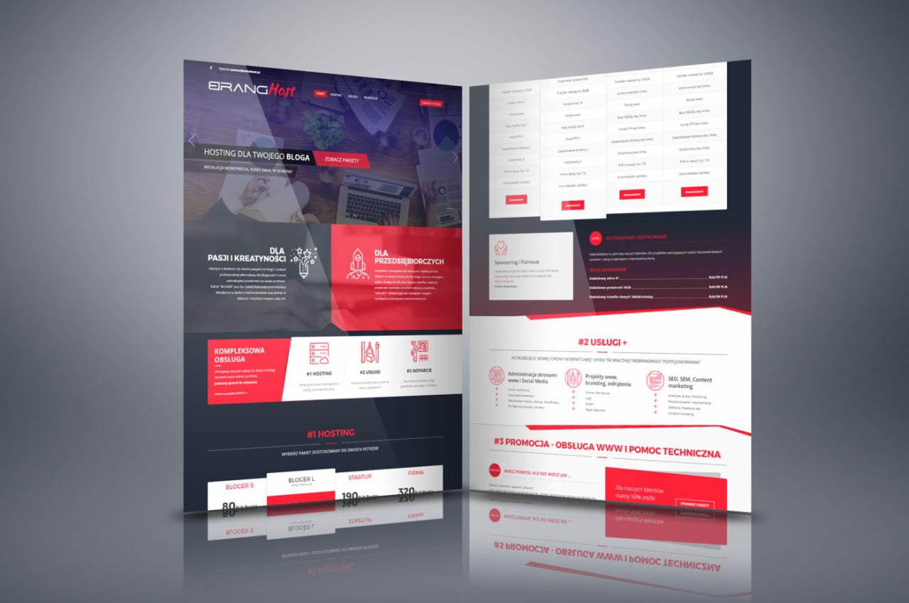 Otwarta broszura reklamowa firmy hostingowej z ofertą pakietów dla blogerów i przedsiębiorców, prezentująca usługi administracji stron, projekty www i wsparcie techniczne, z elementami graficznymi...