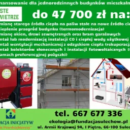 Grafika informacyjna: nowy piec klasy 5, ocieplanie budynku na rusztowaniu, schemat instalacji grzewczej z panelami solarnymi i elektroauta, dofinansowanie dla budynków mieszkalnych.