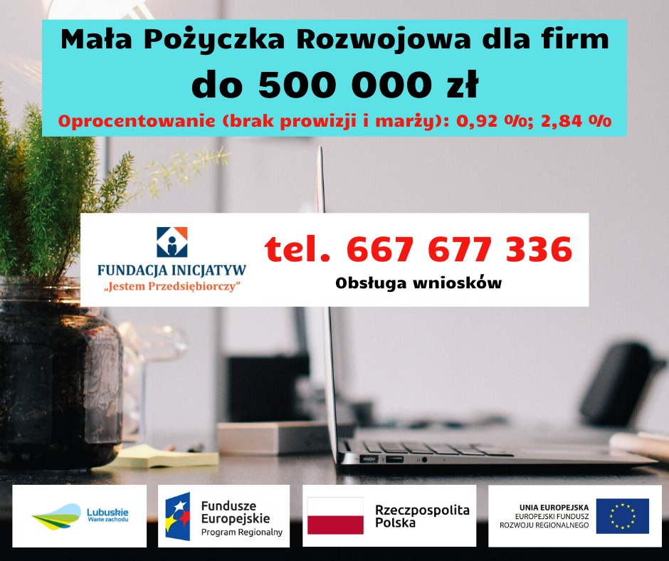 Grafika informacyjna o małej pożyczce rozwojowej dla firm do 500 000 zł, z informacją o oprocentowaniu, numerem telefonu i logotypami Fundacji Inicjatyw, Funduszy Europejskich, Rzeczpospolitej...