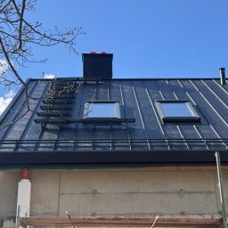 Superdekarze - Czarny dach z blachy na betonowym budynku z oknami dachowymi i drabinką, widok z dołu, błękitne niebo, gałęzie drzew. Nowoczesne wykończenie.