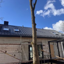 Superdekarze - Dom w trakcie budowy z czarnym dachem z blachy trapezowej i oknami dachowymi, widoczne rusztowania i drzewo na pierwszym planie, błękitne niebo w tle.