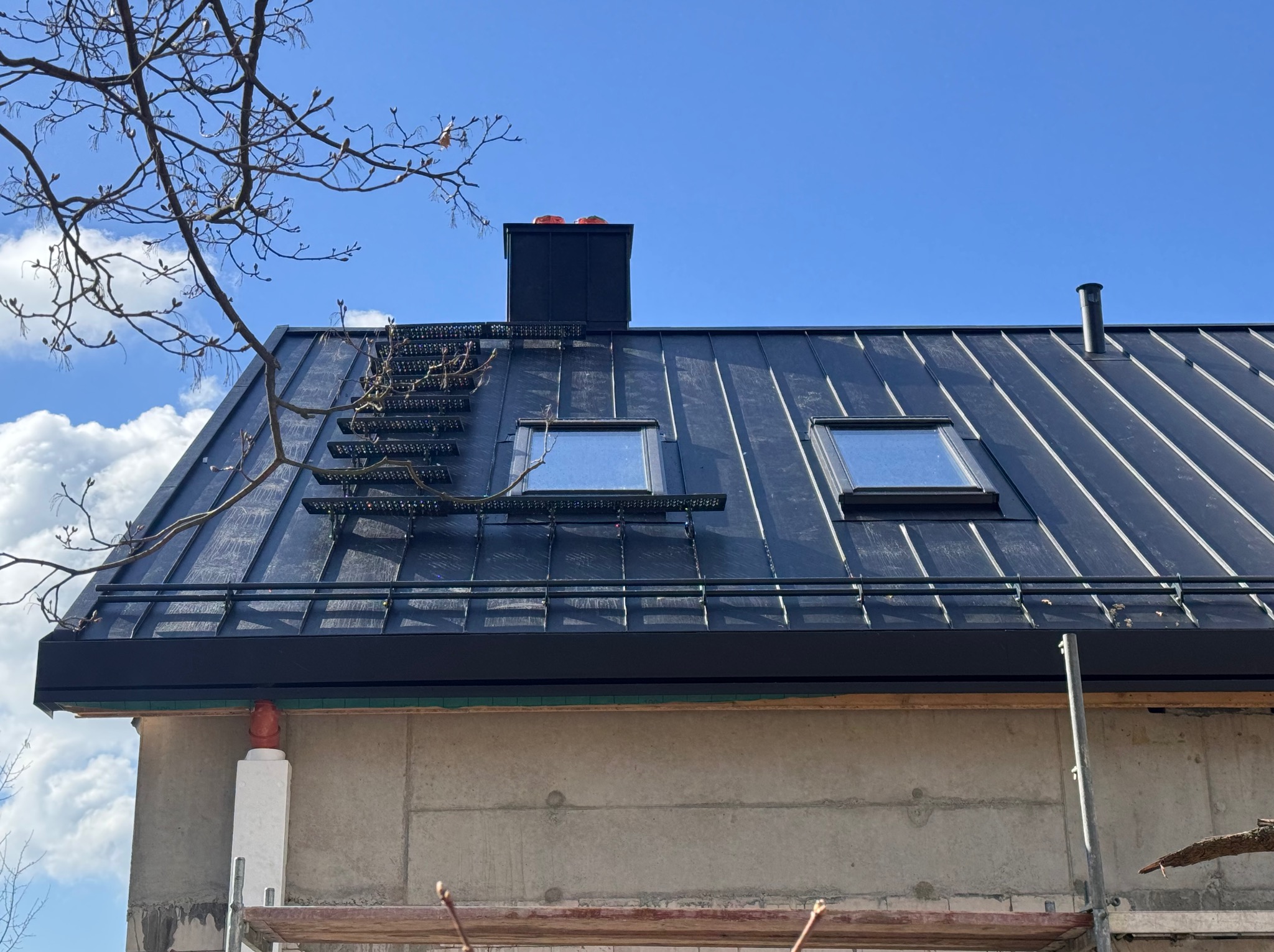 Czarny dach z blachy na betonowym budynku z oknami dachowymi i drabinką, widok z dołu, błękitne niebo, gałęzie drzew. Nowoczesne wykończenie.