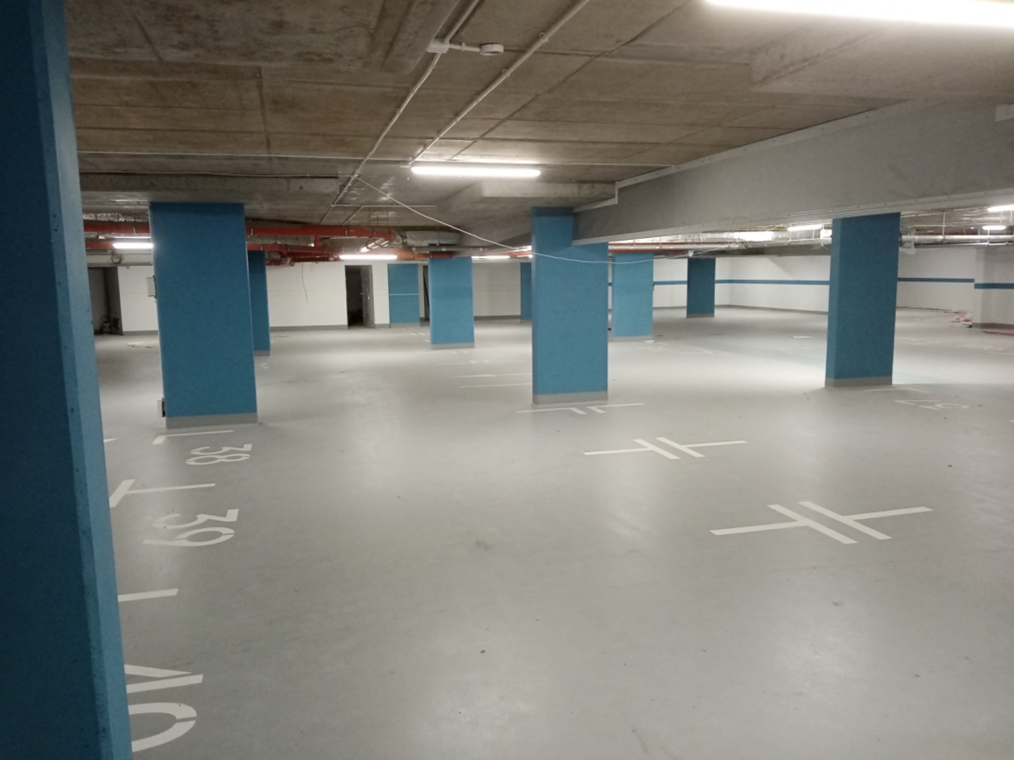 Gładka, szara posadzka żywiczna w garażu podziemnym z niebieskimi, betonowymi słupami i białymi oznaczeniami miejsc parkingowych.